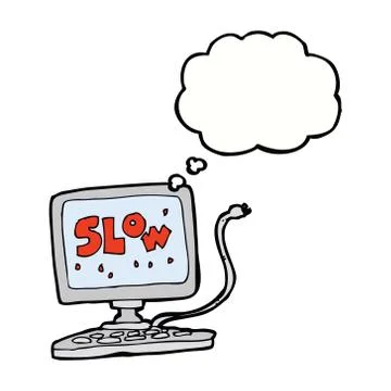 Cartoon slow computer with thought bubble Stock Illustration