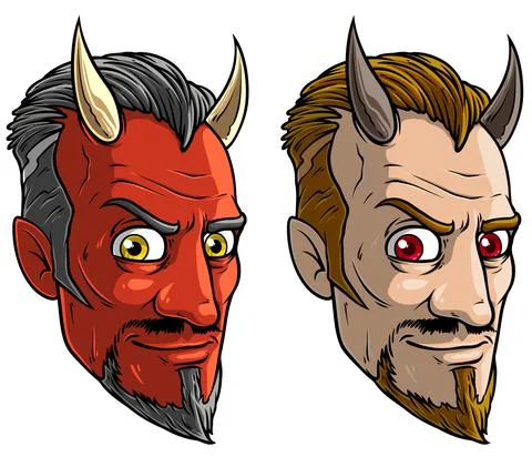 Cartoon sly red devil man with horns and beard Stock Illustration