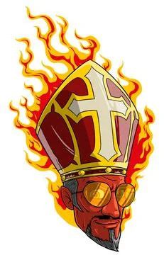 Cartoon sly red devil man in burning bishop mitre Stock Illustration