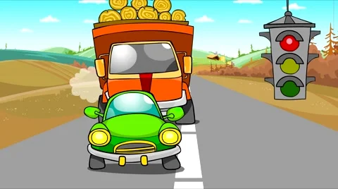 Cartoon small car embarrassed at the sight of a large truck Stock Footage 65422165