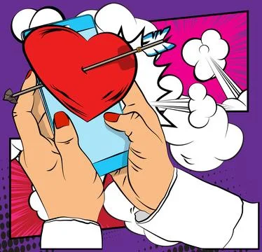 Cartoon Smartphone, comic book Telephone with Arrow Heart. Retro vector com.. Illustrazione stock