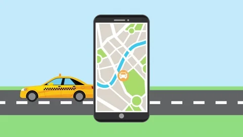 Cartoon smartphone displaying navigation map with taxi car animation on roa.. Stock-Footage 338312254