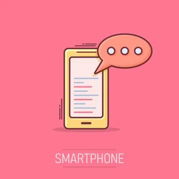 Cartoon smartphone with message icon in comic style. Mobile phone illustrat.. 스톡 일러스트