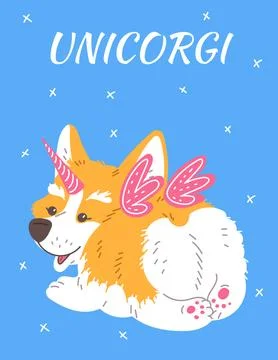 Cartoon smiling Corgi dog back view with pink horn and wings, vector poster with 스톡 일러스트