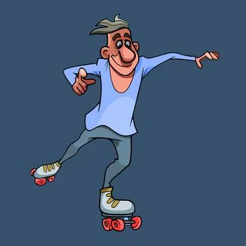 Cartoon smiling guy hesitatingly rollerblading with pleasure Stock Illustration