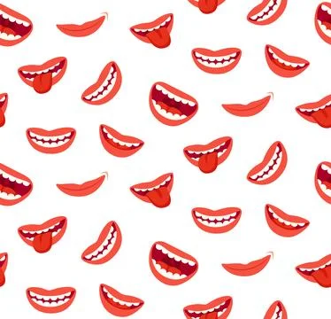 Cartoon smiling lips seamless pattern. Laughing mouth with tongue. Funny jo.. Stock-Illustration