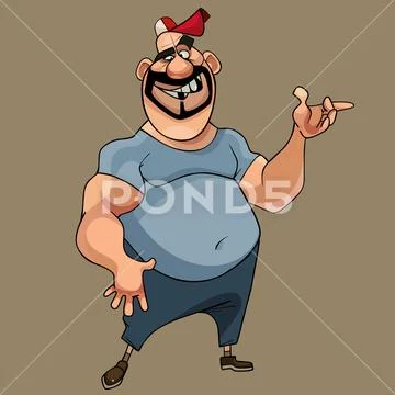 Cartoon Smiling Muscular Man In A Cap Says Gesticulating