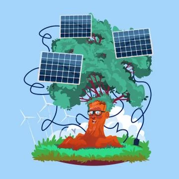 Cartoon Smiling Tree With Solar Panels Renewable Energy Source Stock Illustration