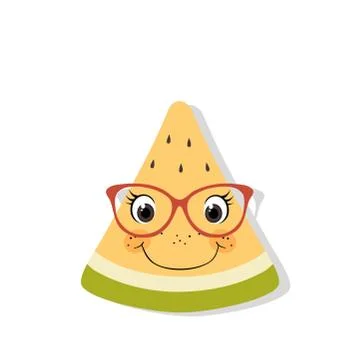 Cartoon smiling yellow melon slice with spectacles and drop shadow over white Illustrazione stock