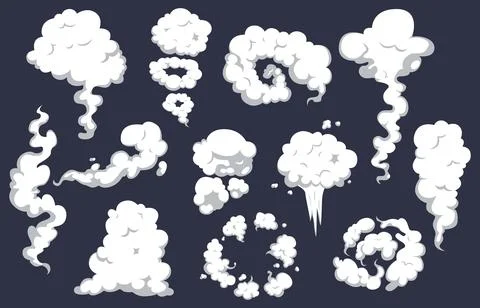 Cartoon smoke on wind, smoking comic kit. Explosion effect, cooking fog or fire Stockillustratie