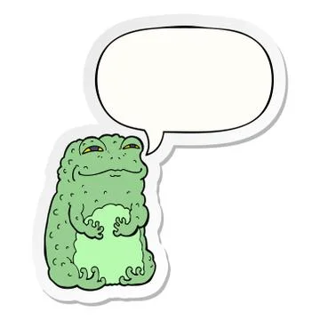 Cartoon smug toad and speech bubble sticker Stock Illustration