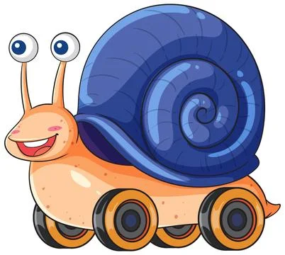 Cartoon Snail With Blue Shell and Four Wheels Stock Illustration