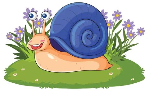Cartoon Snail with Blue Shell Crawling Through Garden Flowers Stock Illustration