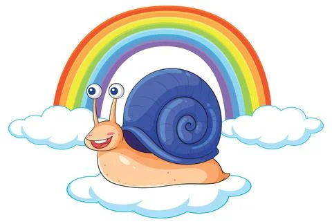 Cartoon Snail with Blue Shell Resting on Clouds Under Rainbow 库存插图