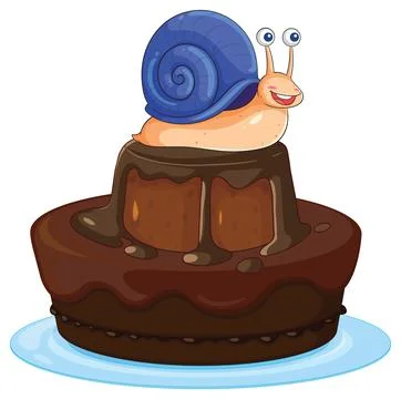 Cartoon Snail with Blue Shell Sitting on Chocolate Tiered Cake Stock Illustration