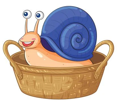 Cartoon Snail with Blue Shell Sitting Inside a Woven Basket Stock Illustration