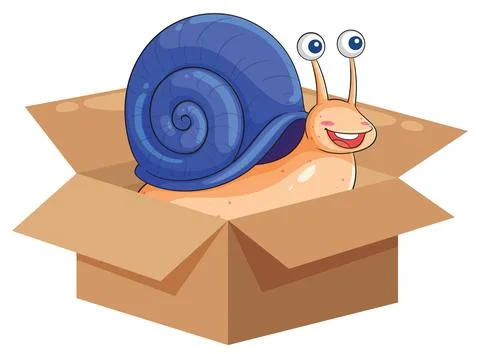 Cartoon Snail with Blue Shell Sitting Inside Open Cardboard Box Stock Illustration