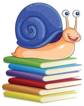 Cartoon Snail Character Sitting on a Stack of Colorful Books Stock Illustration