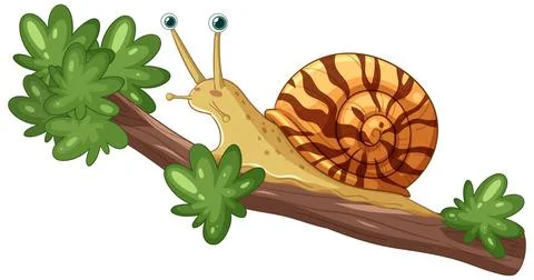 Cartoon Snail Crawling on Tree Branch with Green Leaves Illustrazione stock