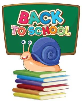 Cartoon Snail Sitting on Stack of Books with Chalkboard Background Stock Illustration