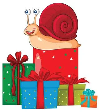 Cartoon Snail Sitting on a Stack of Colorful Wrapped Gift Boxes Stock Illustration