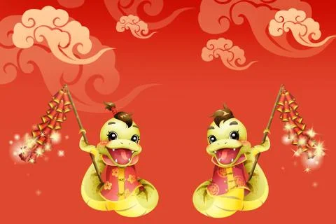 Cartoon snake and firecrackers for Chinese year of snake Stock Illustration