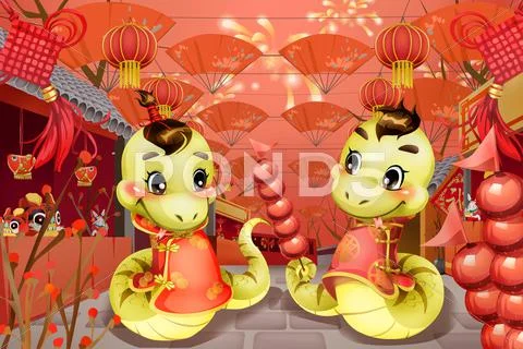 Cartoon snake in temple fair Stock Illustration