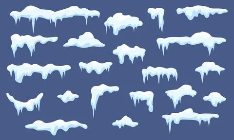 Cartoon snow caps kit. Flat winter cap with icicles, snowing christmas ice 库存插图
