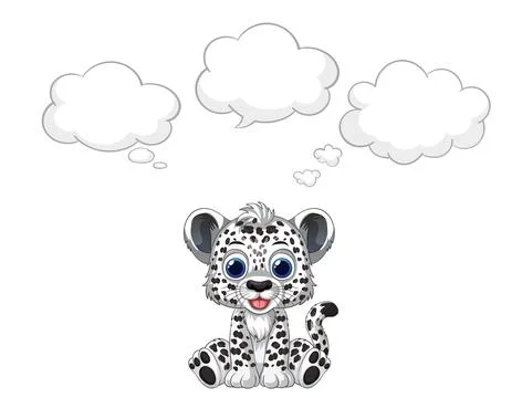 Cartoon Snow Leopard Cub Sitting with Empty Thought Bubbles Ilustração Stock