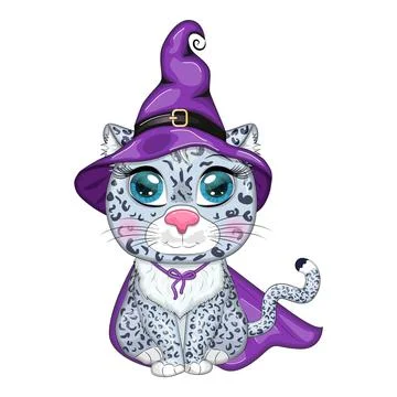Cartoon snow leopard, leopard, akbars, irbis in purple witch hat and cloak. H Stock Illustration