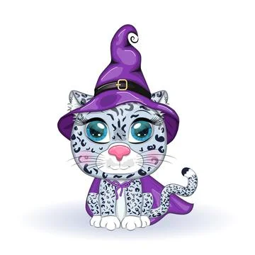 Cartoon snow leopard, leopard, akbars, irbis in purple witch hat and cloak. H Stock Illustration