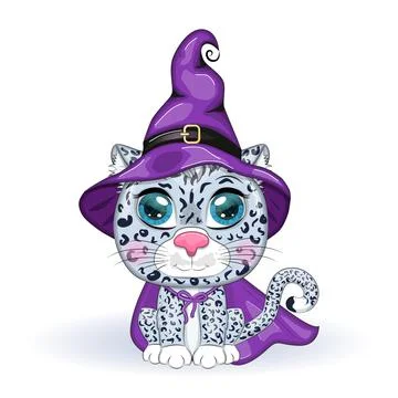 Cartoon snow leopard, leopard, akbars, irbis in purple witch hat and cloak. H Stock Illustration