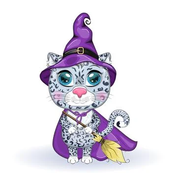 Cartoon snow leopard, leopard, akbars, irbis in purple witch hat and cloak. H Stock Illustration