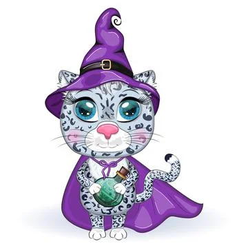 Cartoon snow leopard, leopard, akbars, irbis in purple witch hat and cloak. H Stock Illustration