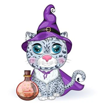 Cartoon snow leopard, leopard, akbars, irbis in purple witch hat and cloak. H Stock Illustration
