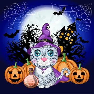 Cartoon snow leopard, leopard, akbars, irbis in purple witch hat and cloak. H 스톡 일러스트