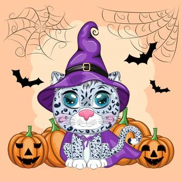 Cartoon snow leopard, leopard, akbars, irbis in purple witch hat and cloak. H Stock Illustration