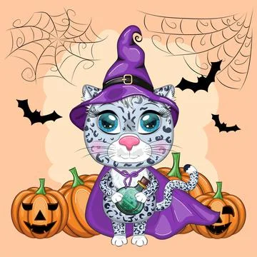 Cartoon snow leopard, leopard, akbars, irbis in purple witch hat and cloak. H Stock Illustration