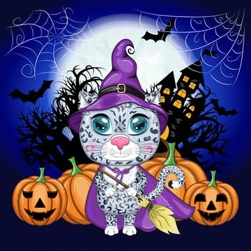 Cartoon snow leopard, leopard, akbars, irbis in purple witch hat and cloak. H Stock Illustration