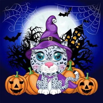 Cartoon snow leopard, leopard, akbars, irbis in purple witch hat and cloak. H 스톡 일러스트