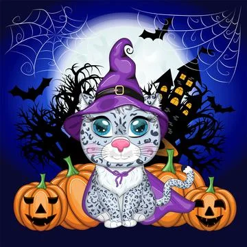 Cartoon snow leopard, leopard, akbars, irbis in purple witch hat and cloak. H Stock Illustration