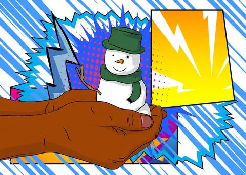 Cartoon Snowman with blank speech bubble, comic book Holiday background. Re.. Stock Illustration