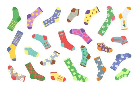 Cartoon socks. Bundle of socks with textures and patterns, winter clothing Illustrazione stock
