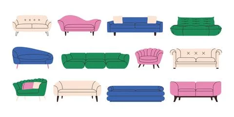Cartoon sofas. Cozy sofa couch icons, modern furniture, comfortable lounge Stock Illustration
