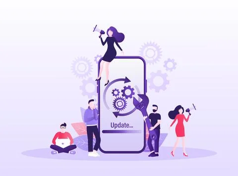 Cartoon software update people for mobile app design. Isometric vector 스톡 일러스트