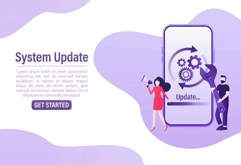 Cartoon software update people for mobile app design. Isometric vector Stockillustratie