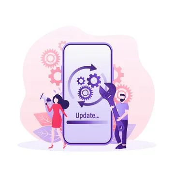 Cartoon software update people for mobile app design. Isometric vector Stock Illustration