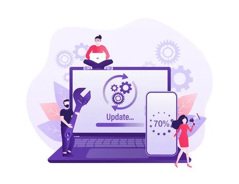 Cartoon software update people for mobile app design. Isometric vector Stock Illustration