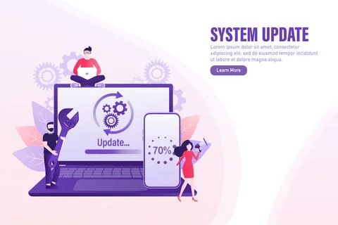 Cartoon software update people for mobile app design. Isometric vector イラスト素材