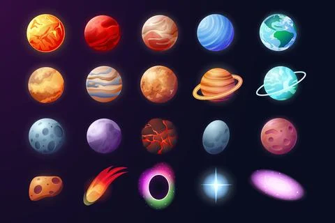 Cartoon Solar system. Astronomical objects in planetary system, Mars Venus Ea Stock Illustration